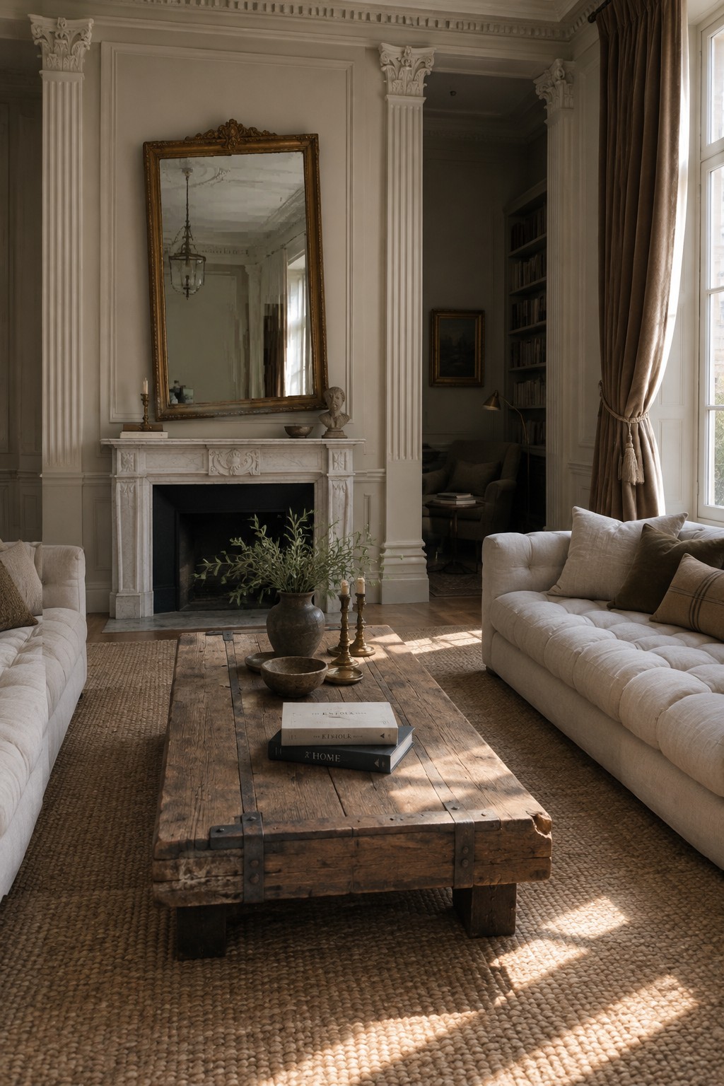 A living room with two off-white sofas facing a large rustic wooden coffee table on a woven rug, a marble fireplace, and a gold-framed mirror above it.