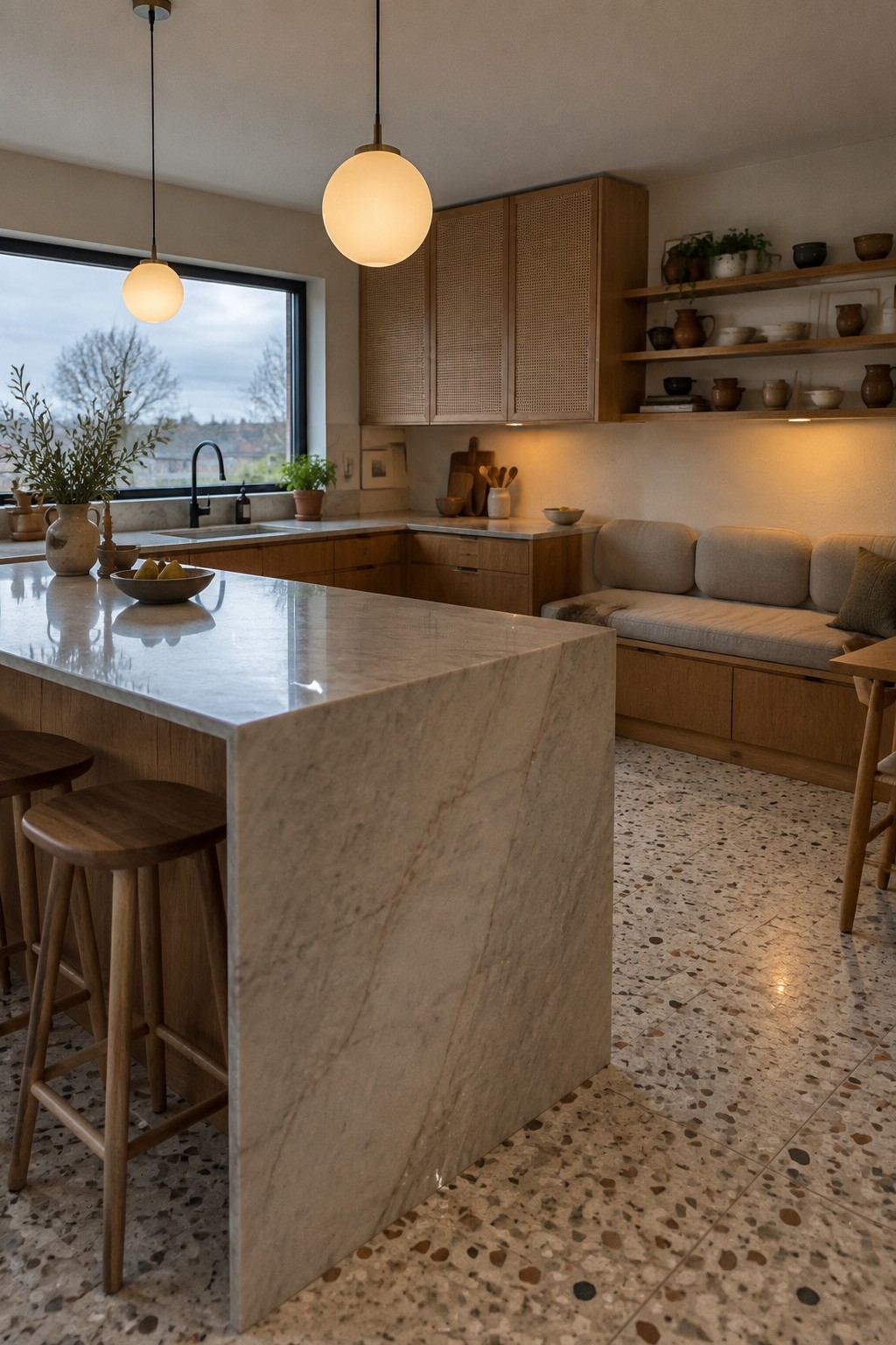 A kitchen interior showing a large marble island with wood bar stools, warm wood cabinetry with cane panel doors, built-in upholstered bench seating, open shelving, and terrazzo flooring.