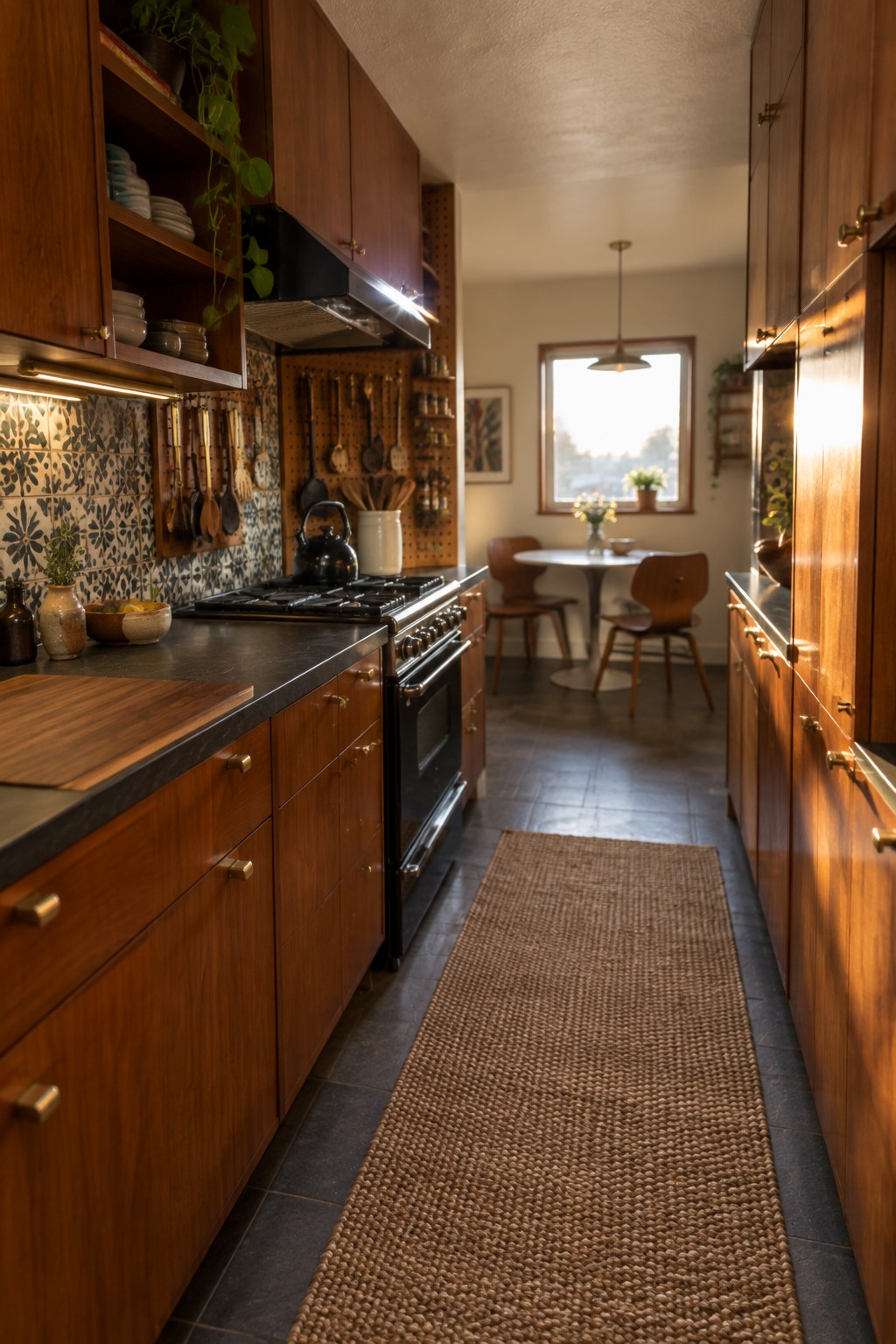 A narrow kitchen with warm wood cabinets lining both walls, dark countertops, a black range hood, pegboard storage on the back wall, and a long woven runner on dark tile leading toward a dining area with a round table.
