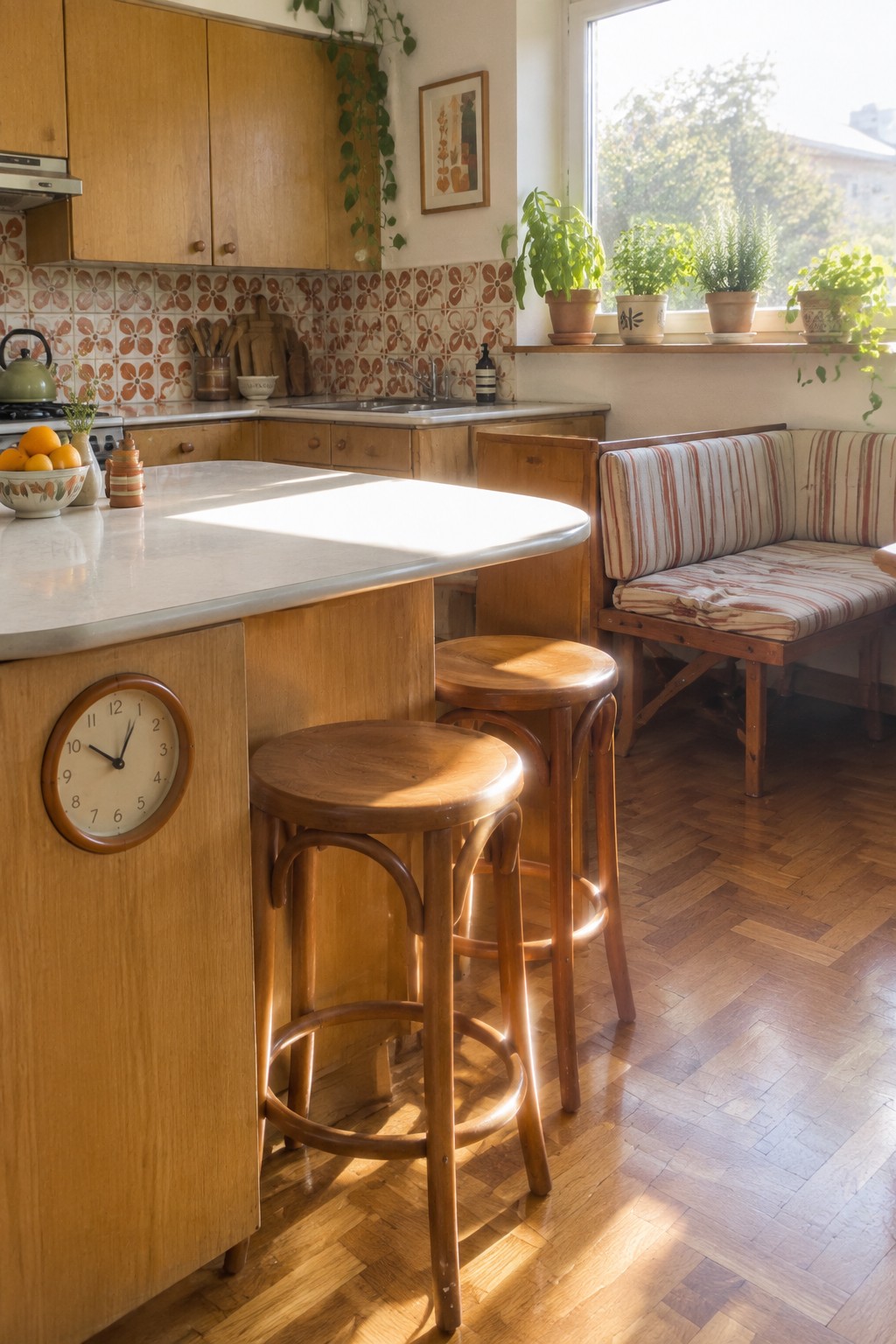 Sunlit wooden kitchen with round stools, striped bench, wall clock, and potted plants