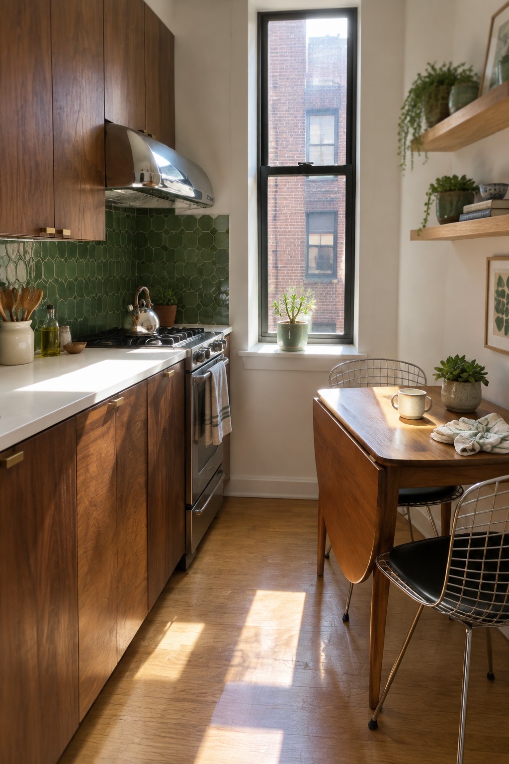 Sunlit kitchen with dark wood cabinets, green tile backsplash, and wooden drop-leaf table.