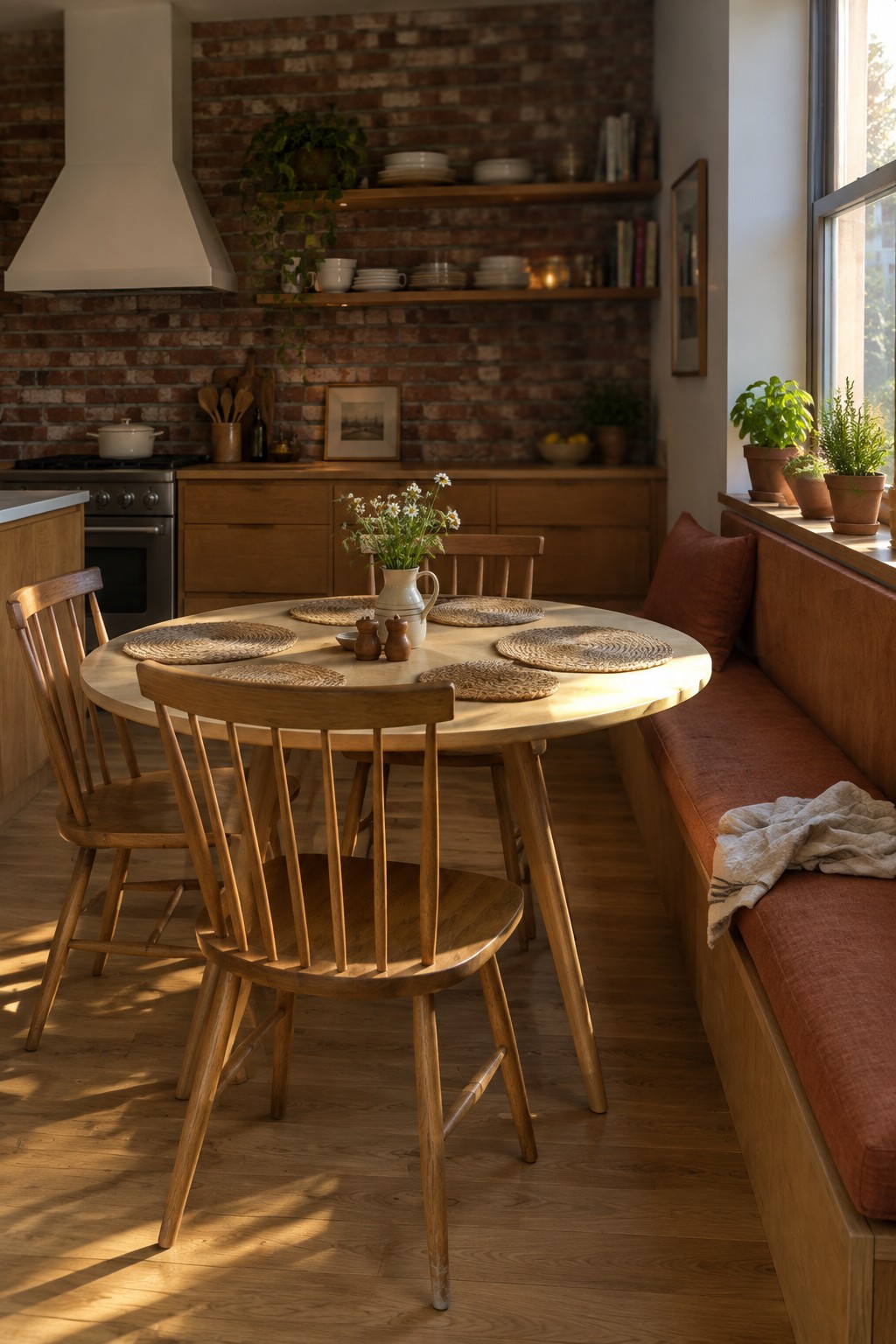 A round wooden dining table with spindle-back chairs is placed beside warm wood kitchen cabinetry, a brick wall, and a built-in bench with a rust cushion.
