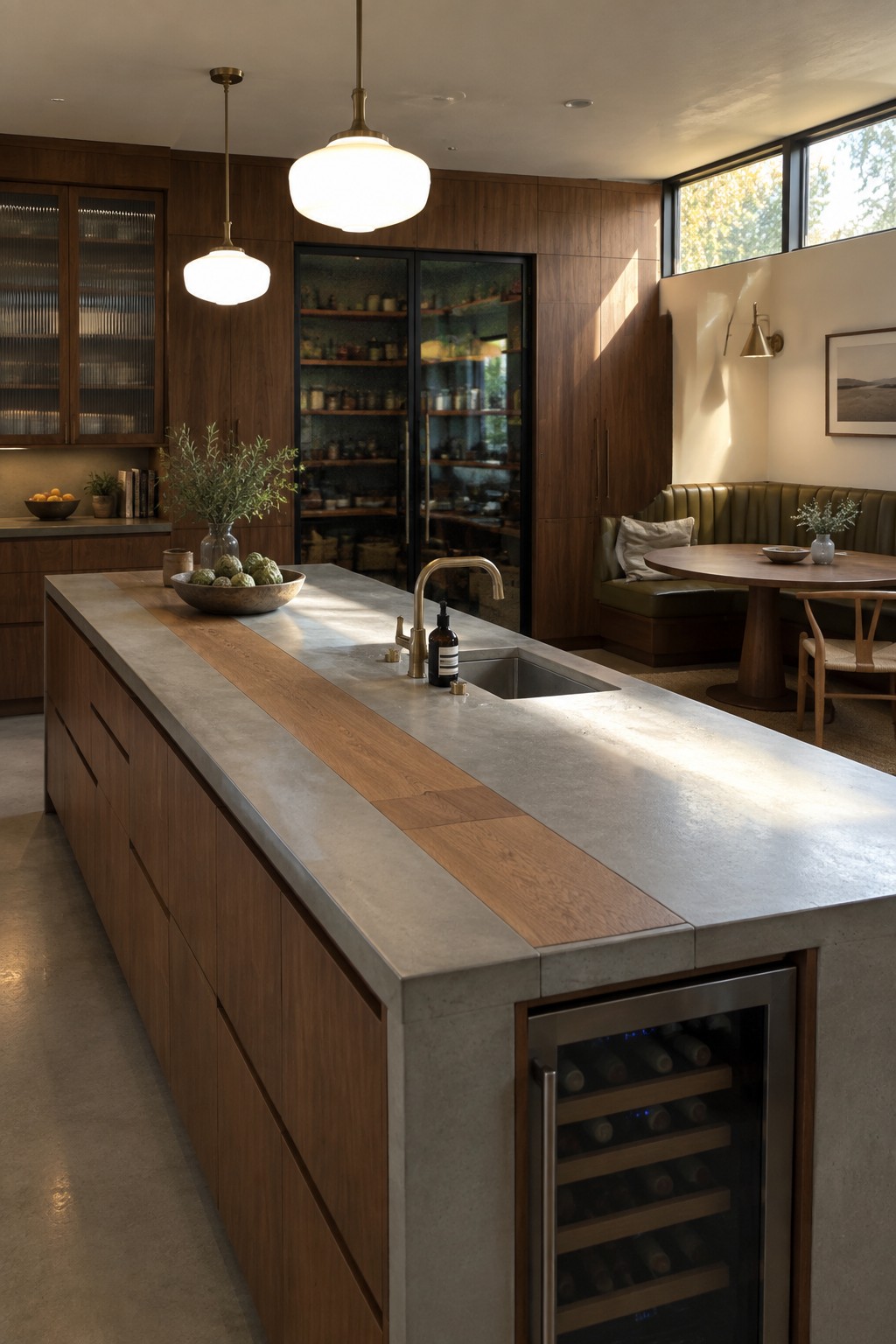Contemporary kitchen with concrete-wood island, pendant lights, wine fridge, and dining nook