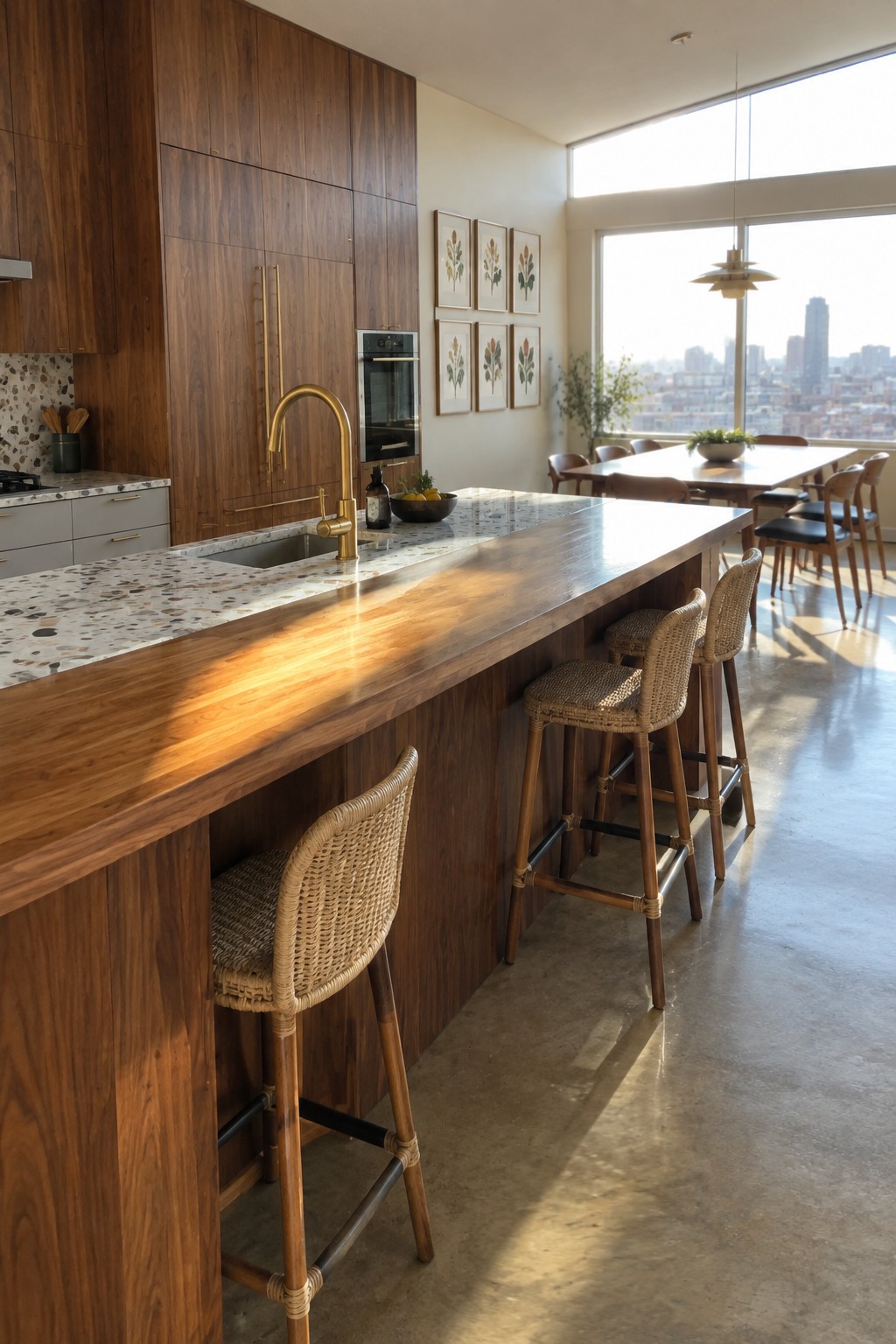 A kitchen with floor-to-ceiling warm wood cabinetry, a long island topped with terrazzo and edged in matching wood, and woven bar stools lined along one side.