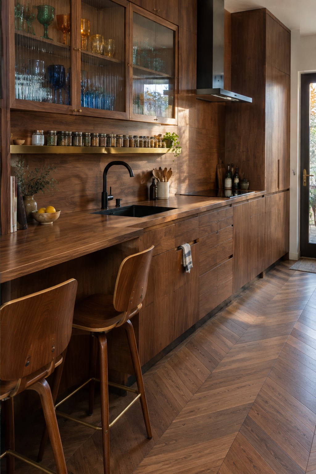 Modern kitchen with dark wood cabinets, gold faucet, black sink, and herringbone floor.