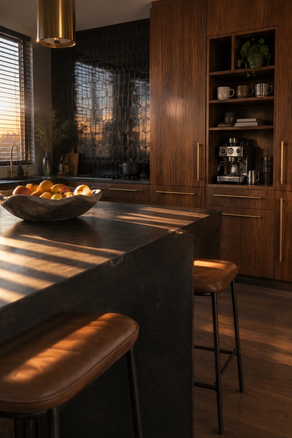A kitchen interior featuring dark wood cabinetry, a dark stone island with two brown leather stools, and open shelving holding mugs and a coffee machine.
