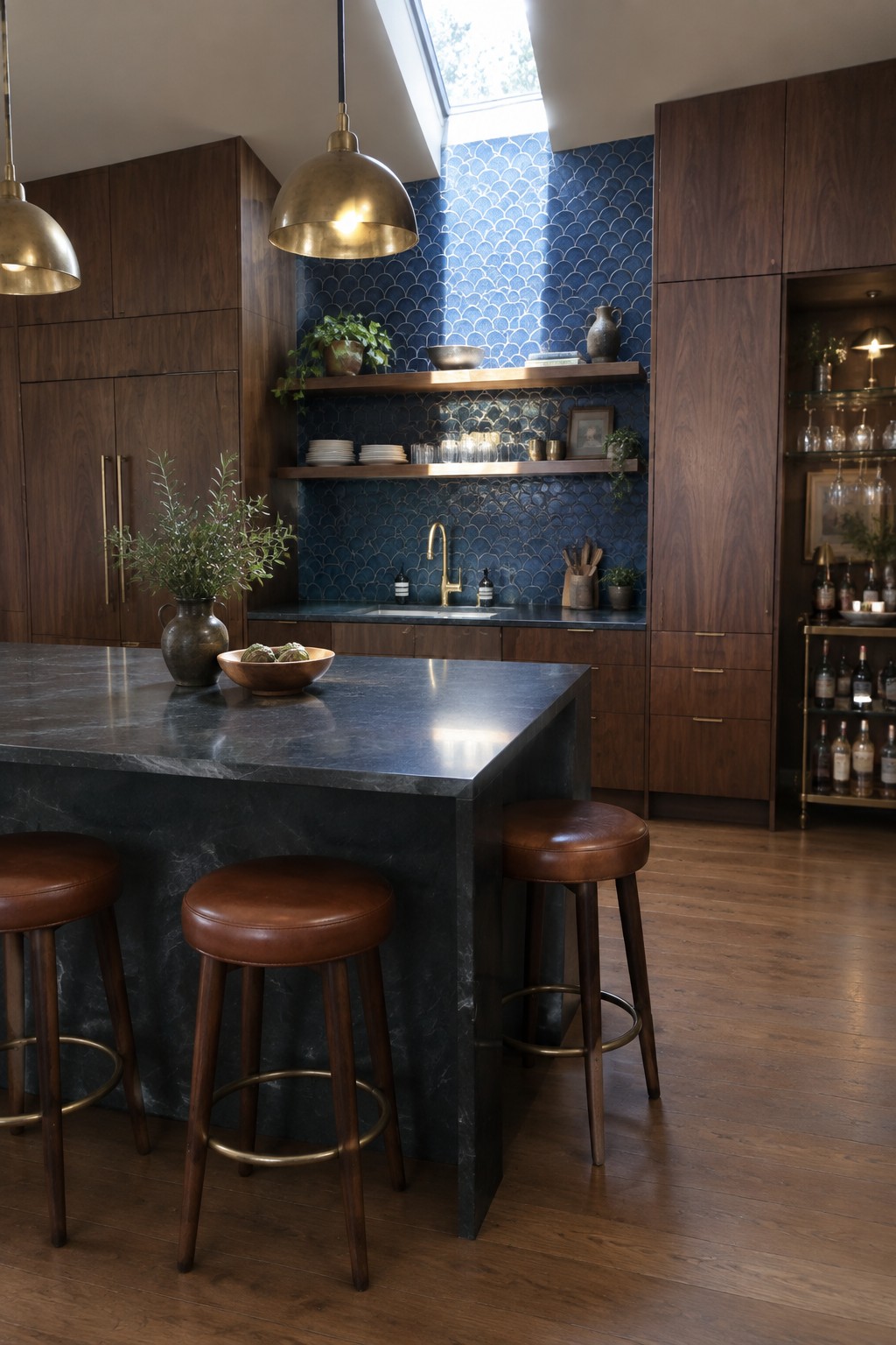 A kitchen with dark wood cabinetry, floating wood shelves, blue scalloped tile backsplash, dark stone island, and three brown leather stools.