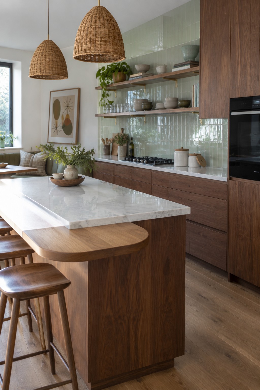 A kitchen interior featuring dark wood cabinetry, a marble island with wooden bar stools, open wooden shelves, a green tile backsplash, and woven pendant lights.