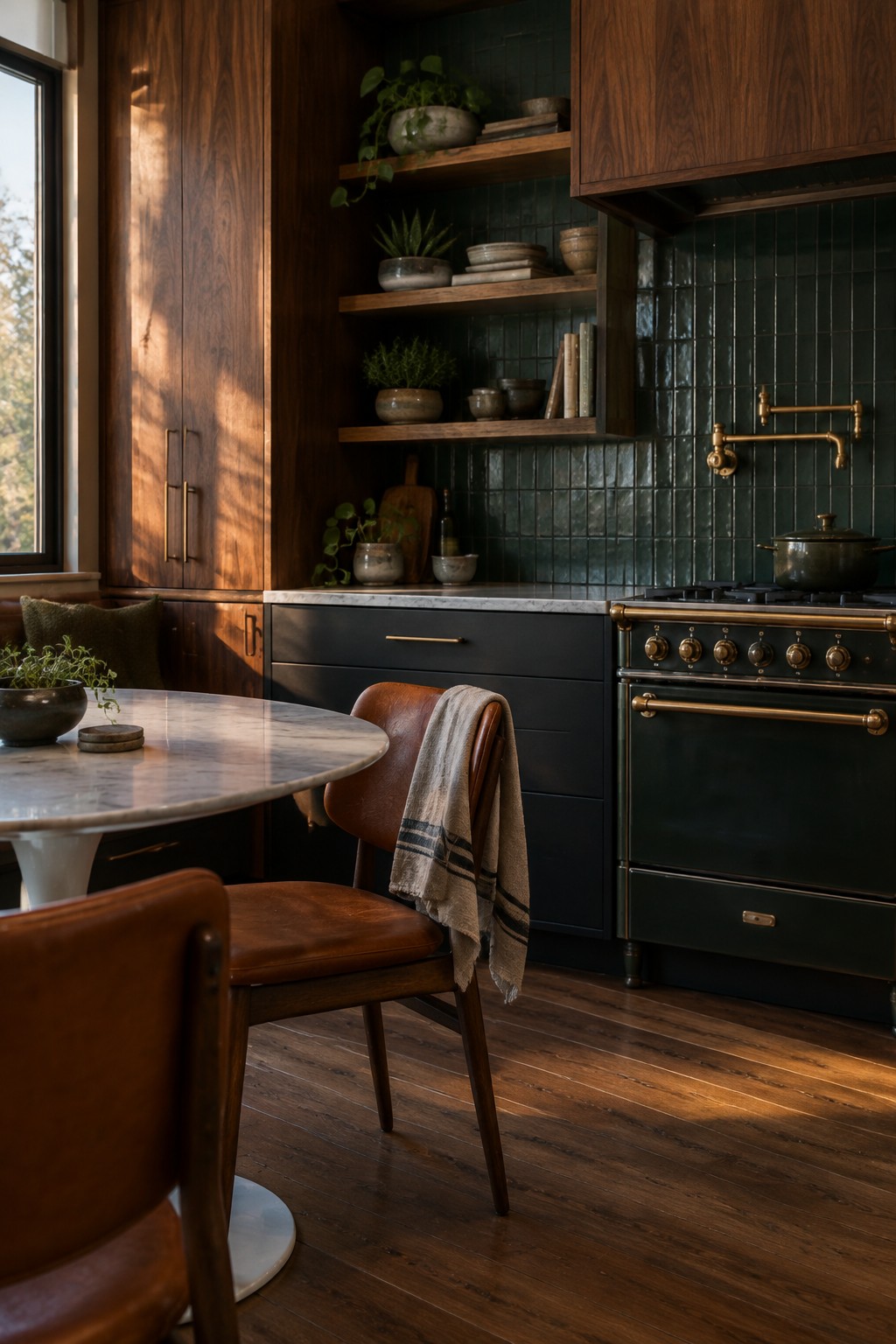 Dark green kitchen with brass stove, wood shelves, marble table and leather chairs