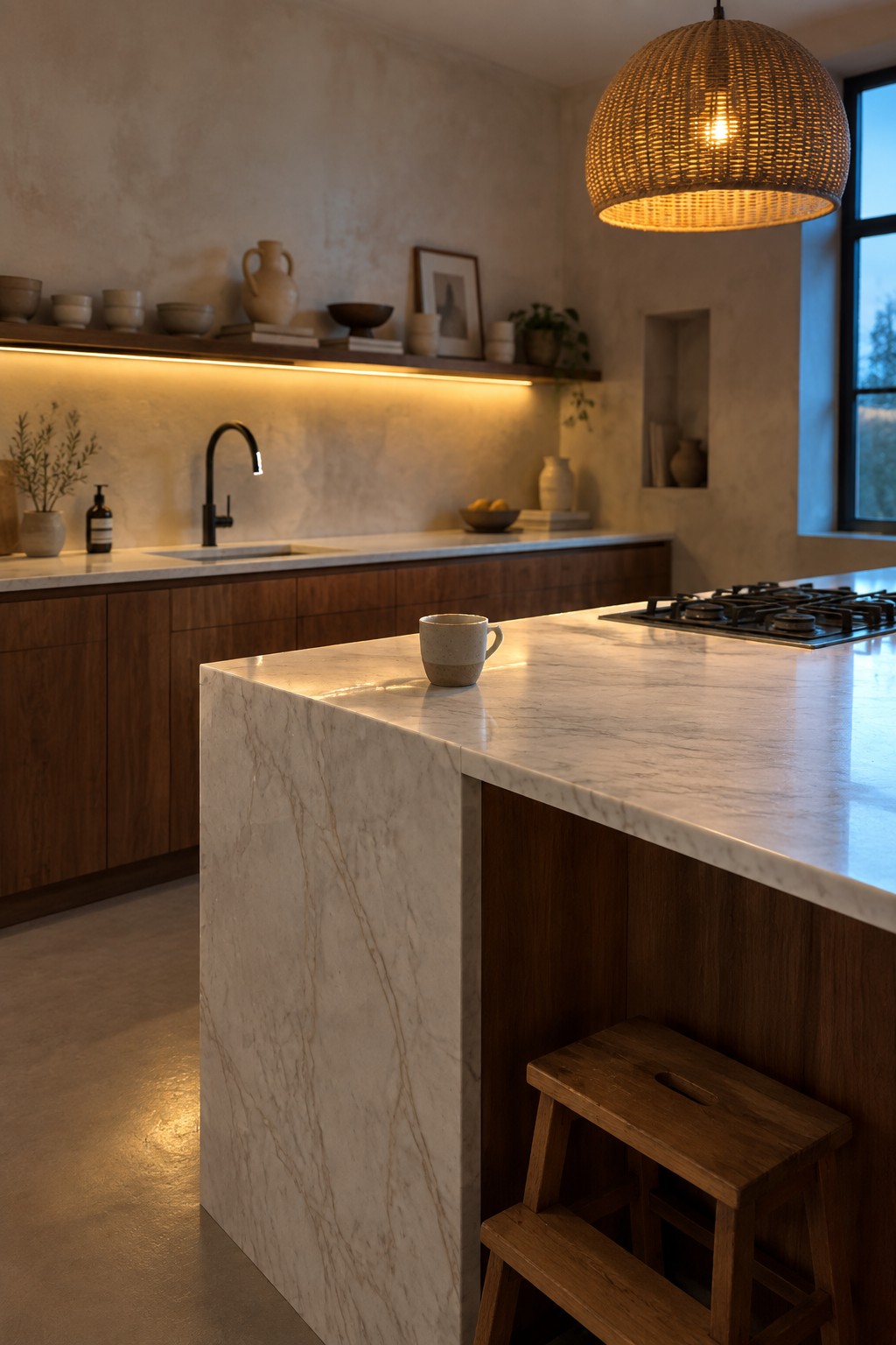 Modern kitchen marble island with ceramic mug, wooden stool, and rattan pendant light