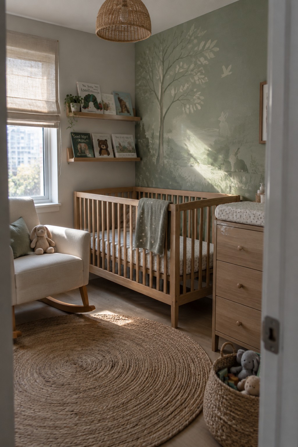 A nursery room with a wooden crib, rocking chair, woven rug on the floor, and a large green forest mural on the wall.