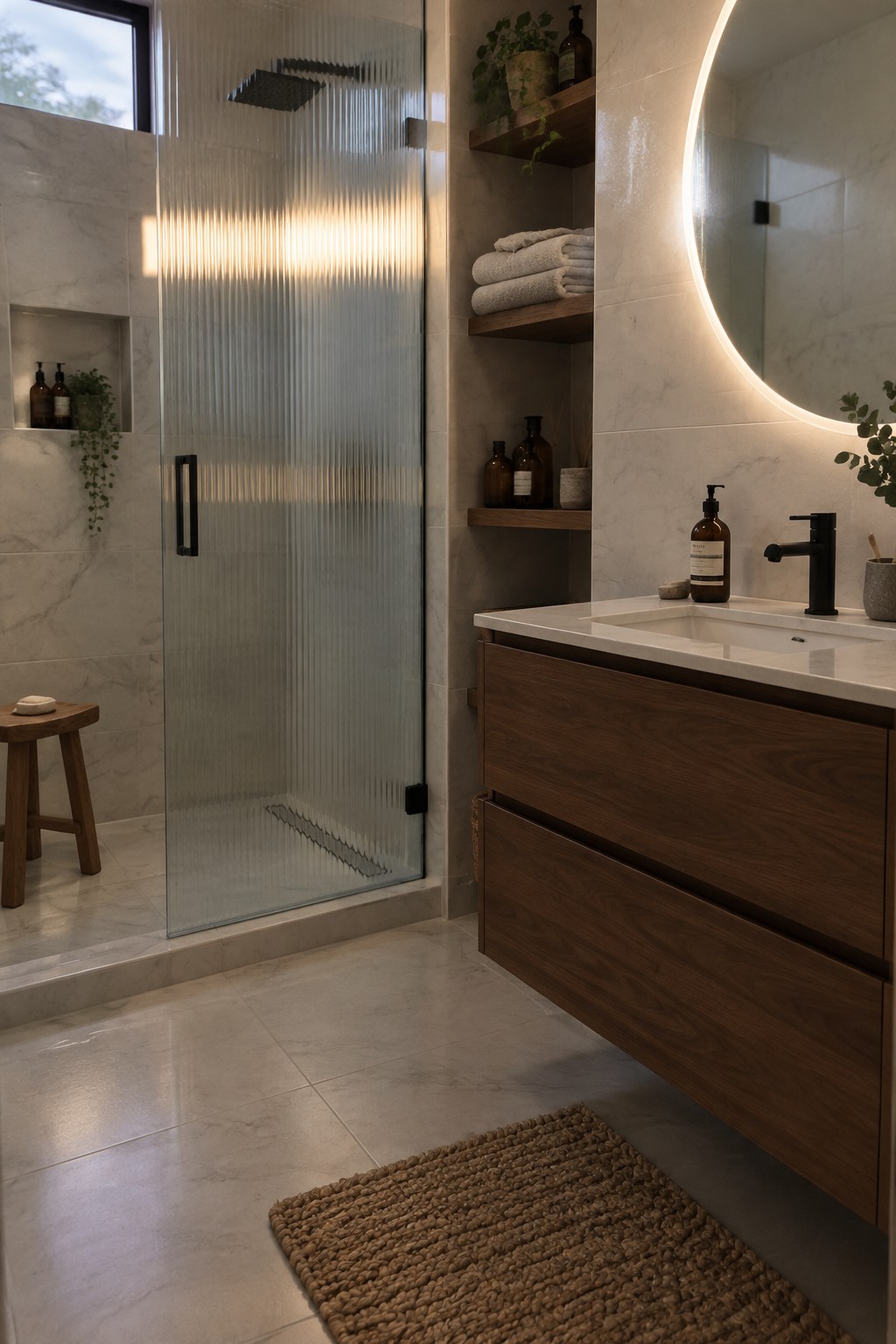 Modern marble bathroom with fluted glass shower, wooden vanity, and backlit round mirror