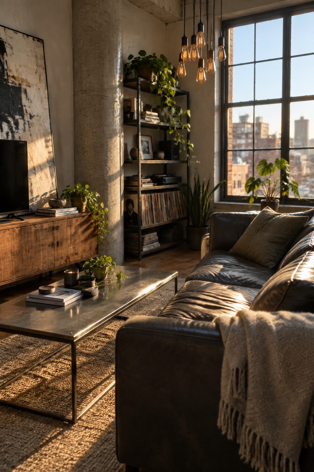 A sunlit industrial living room with a dark leather sofa, metal coffee table on a woven rug, wooden media console, tall black shelving unit filled with records and plants, and a large multi-pane window overlooking city buildings.