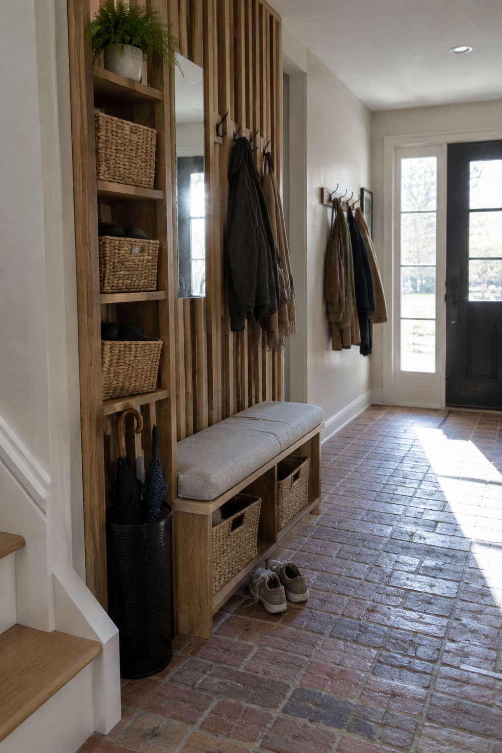 A tall wooden slatted divider with integrated shelves, a mirror, coat hooks, and a bench in a brick entryway.