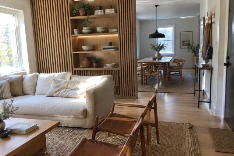 20 Stylish Room Divider Ideas Using Slatted Wood and Open Shelving A living room with a white sofa facing a tall wooden slatted divider with open shelves, opening to a dining area with a wooden table and chairs.