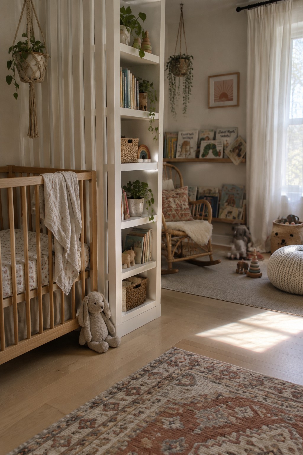 A nursery interior with a wooden crib on the left, a white open shelving unit in the center holding books and plants, and a wicker rocking chair with bookshelves in the background.