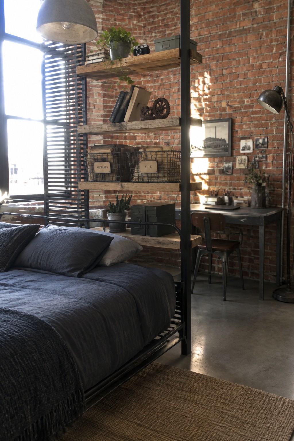 An interior view of a bedroom with a bed in the foreground and an open wooden shelving unit on a black metal frame separating it from a desk area against a brick wall.