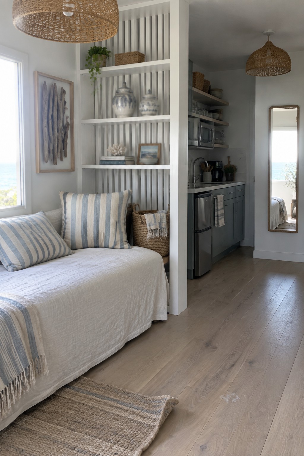 A white slatted wood divider with open shelves separates a daybed area from a kitchen in a bright room with light wood floors.