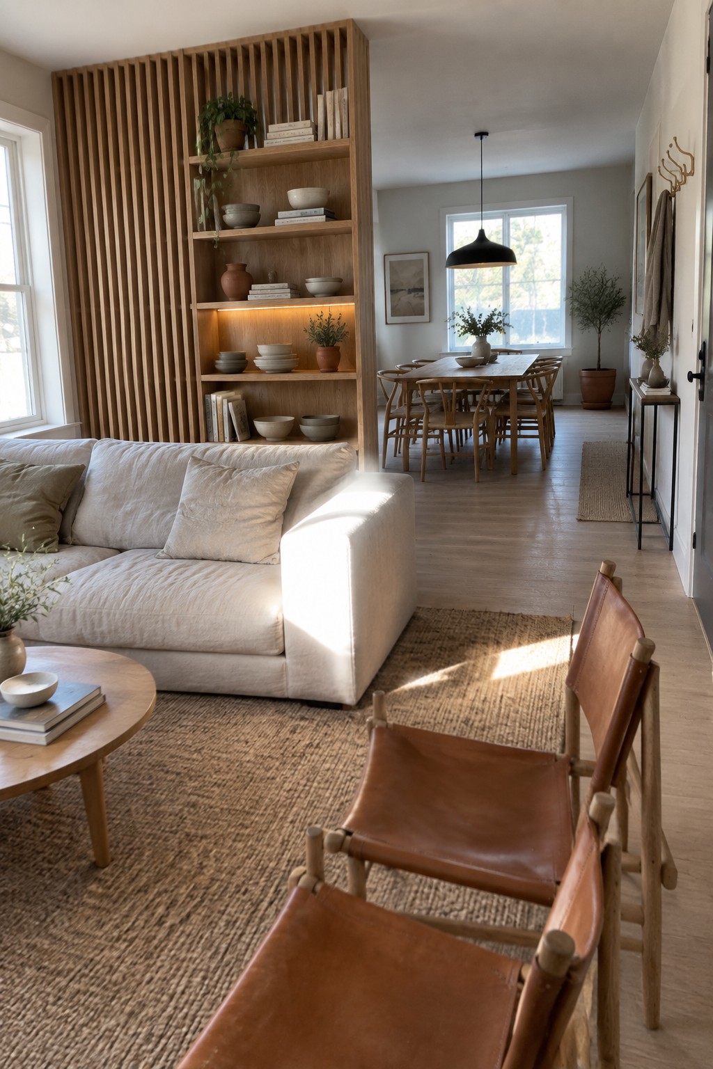 A living room with a white sofa facing a tall wooden slatted divider with open shelves, opening to a dining area with a wooden table and chairs.