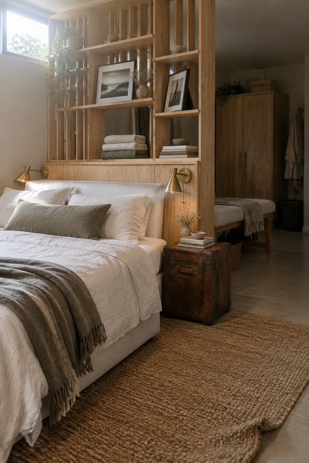 A bedroom with a light wood slatted room divider featuring open shelves behind a bed dressed in white and gray linens on a woven rug.