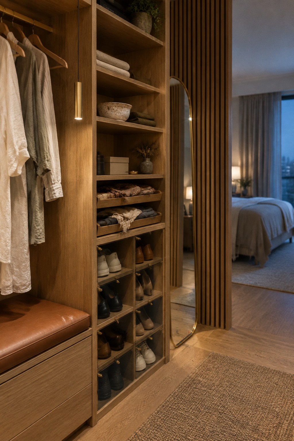 A wooden built-in closet system with vertical slat panels, open shelves holding clothes and shoes, and a tall arched mirror beside it, viewed from a bedroom with wood flooring.