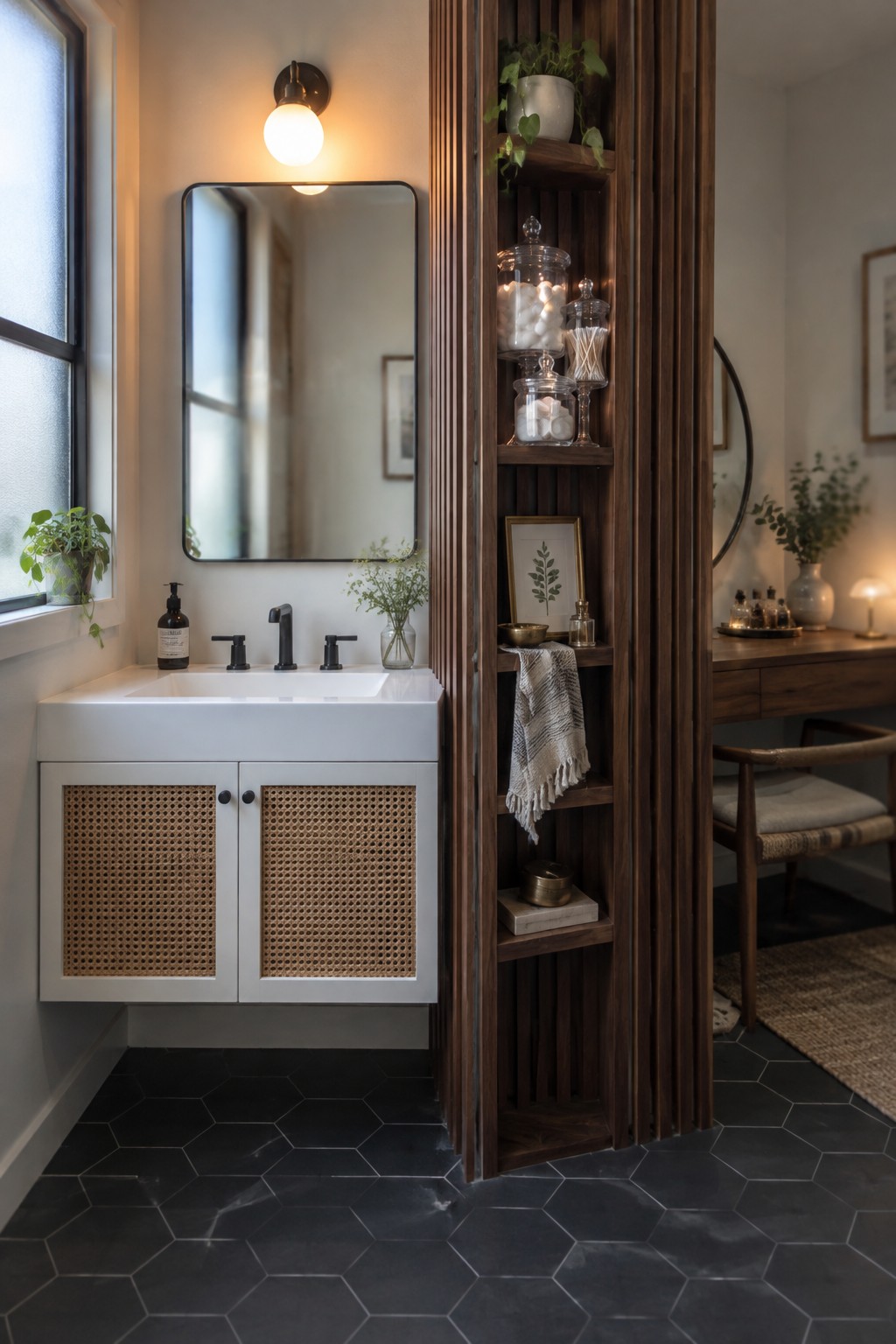 A bathroom vanity with white cabinets and black fixtures sits beside a tall wooden slatted divider featuring open shelves holding glass jars, plants, and small decor items, with a desk and chair visible on the other side.