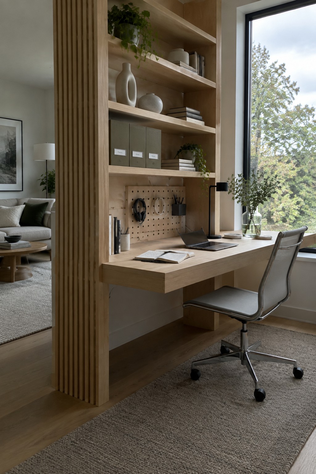 A light wood slatted room divider with open shelves, pegboard, and attached desk in a home interior with a gray office chair on a rug.