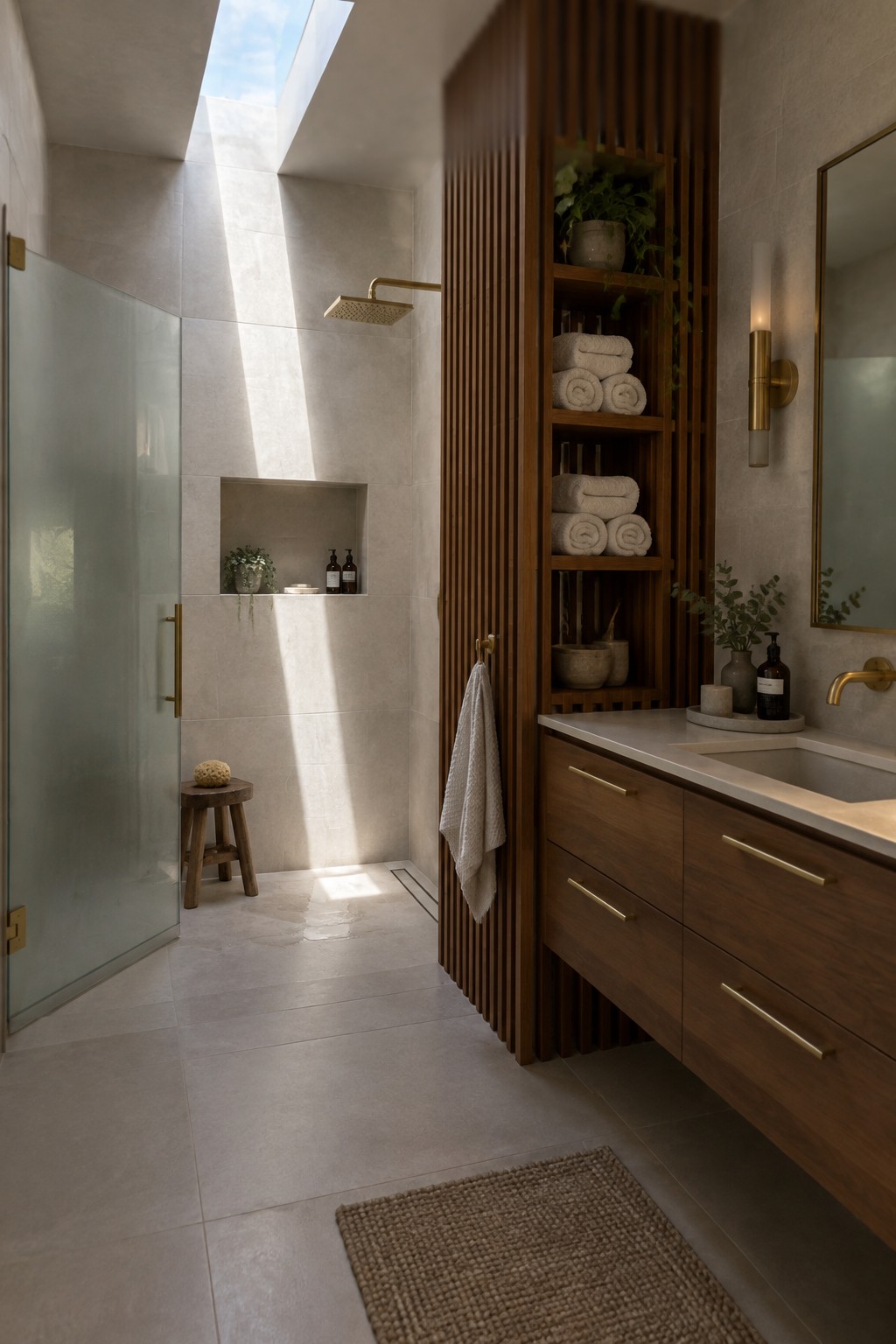 A bathroom interior showing a tall wooden slatted screen with integrated open shelves holding folded towels and small plants, positioned between a glass shower enclosure and a wood vanity with sink and mirror.