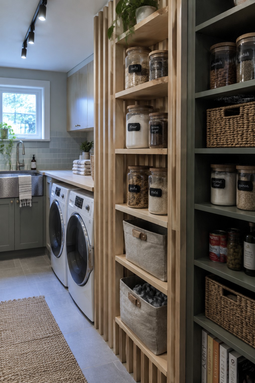 Modern kitchen with wooden shelves of labeled glass jars beside white washing machines
