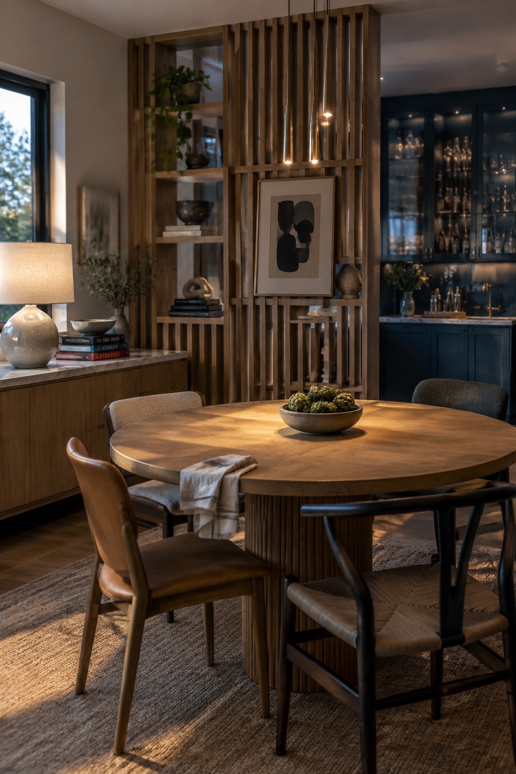 Modern round wooden dining table with green centerpiece amid mixed chairs and wooden shelving