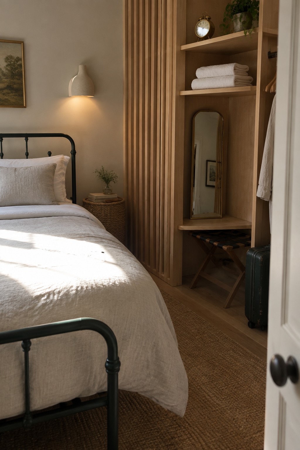 Cozy bedroom with white linens on black metal bed, wooden built-in shelves, and sunlight.