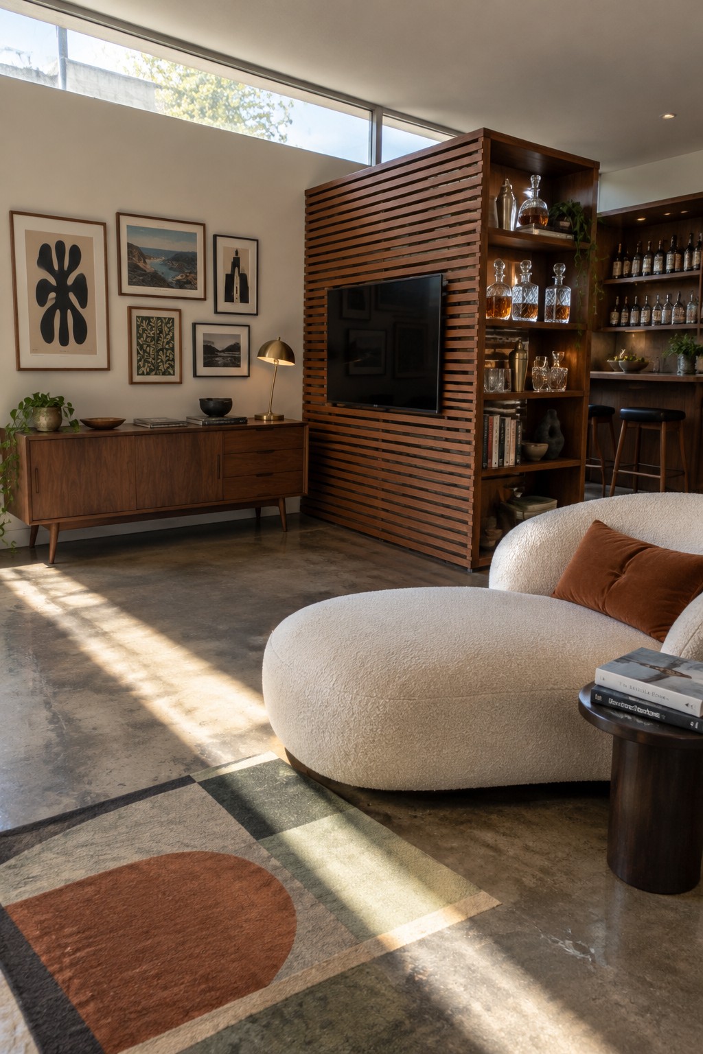 A living room with a tall wooden slatted divider that includes open shelving, a mounted television, and various items on the shelves, next to a white curved sofa.