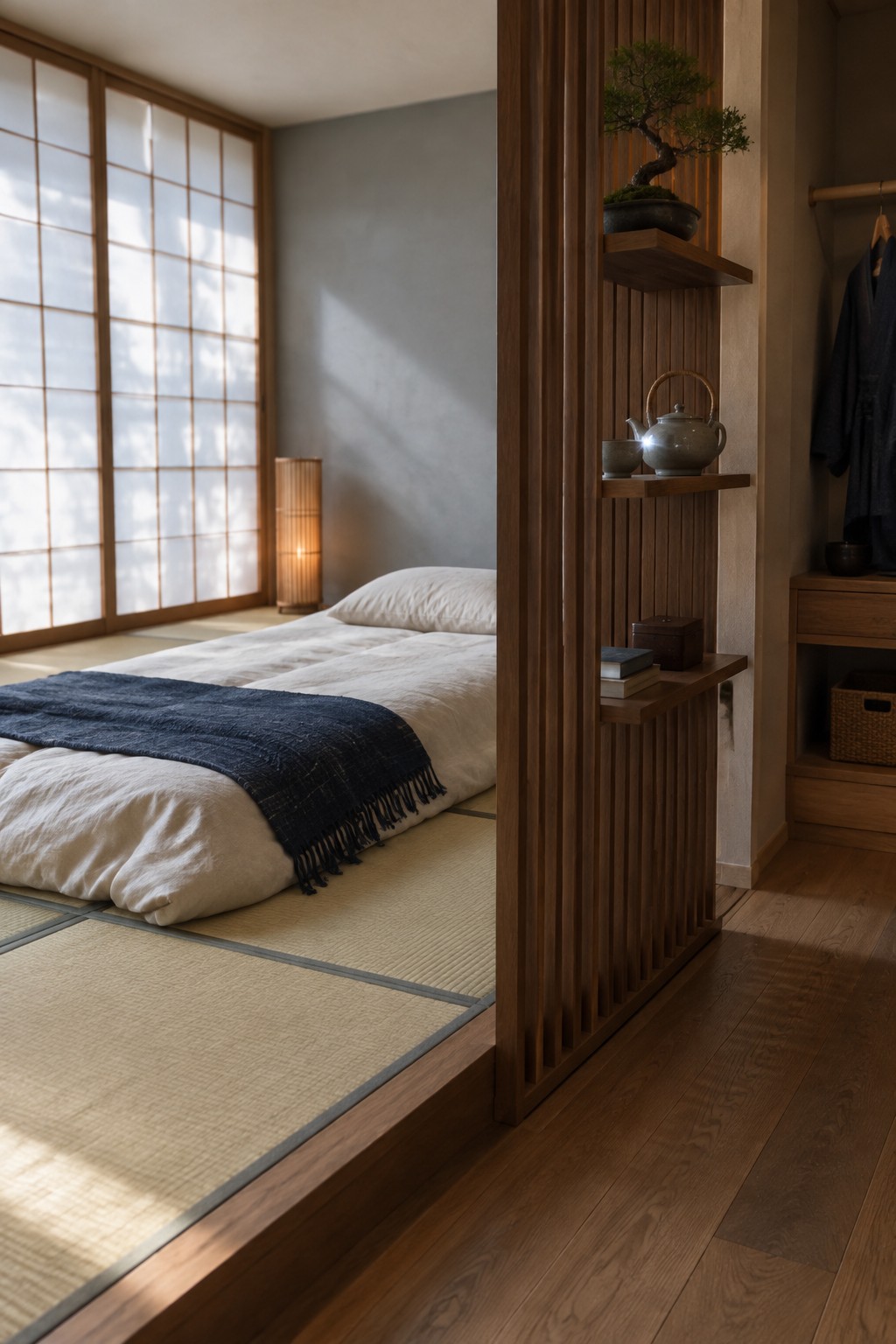 A wooden slatted room divider with open shelves holding a bonsai, ceramic teapot, and books partially separates a tatami-style bedroom from an adjacent space.