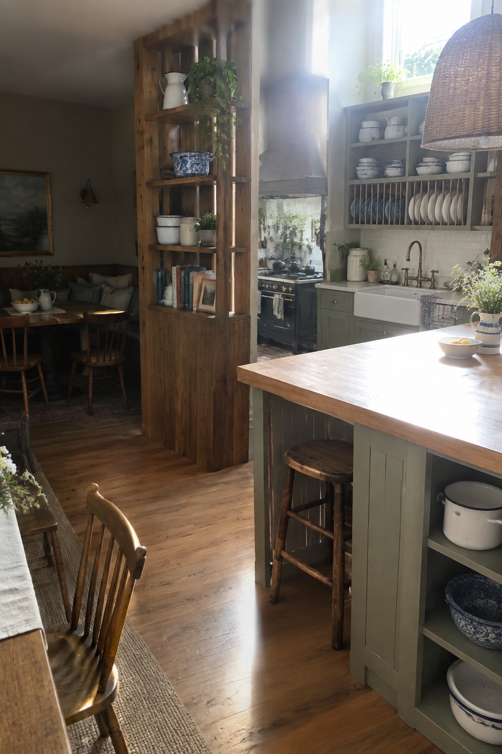 A wooden slatted room divider with open shelves separates a kitchen from a dining area in a home interior.