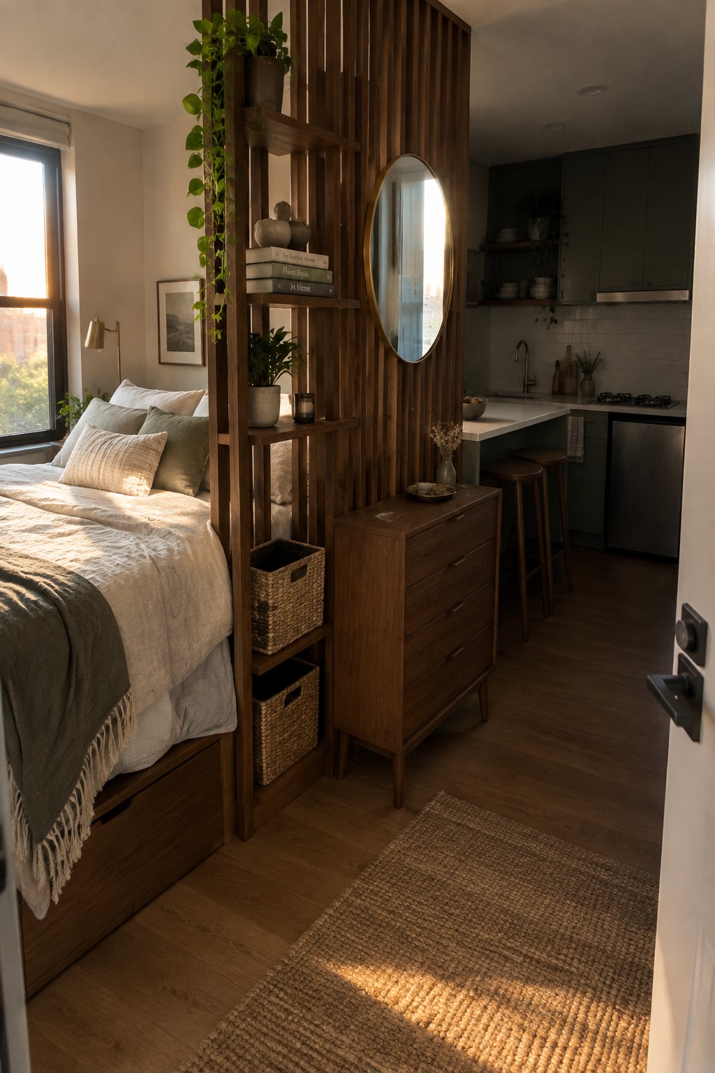 A bedroom area with a bed and pillows is separated from a kitchen by a tall wooden slatted room divider that includes open shelves holding books, plants, and baskets.
