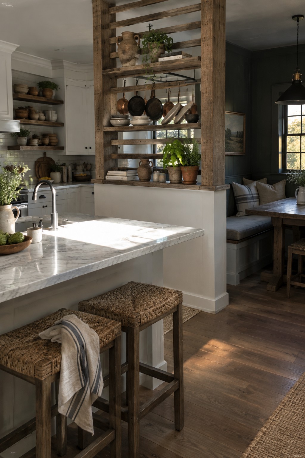 A kitchen with a tall wooden slatted divider holding open shelves of cookware and plants, separating the marble island area from a dining table and bench seating.