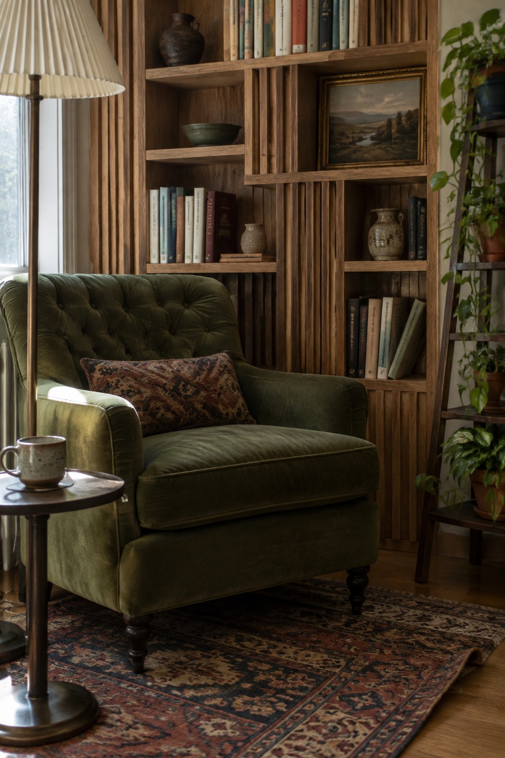Green velvet tufted armchair with pillow beside wooden bookshelf and floor lamp