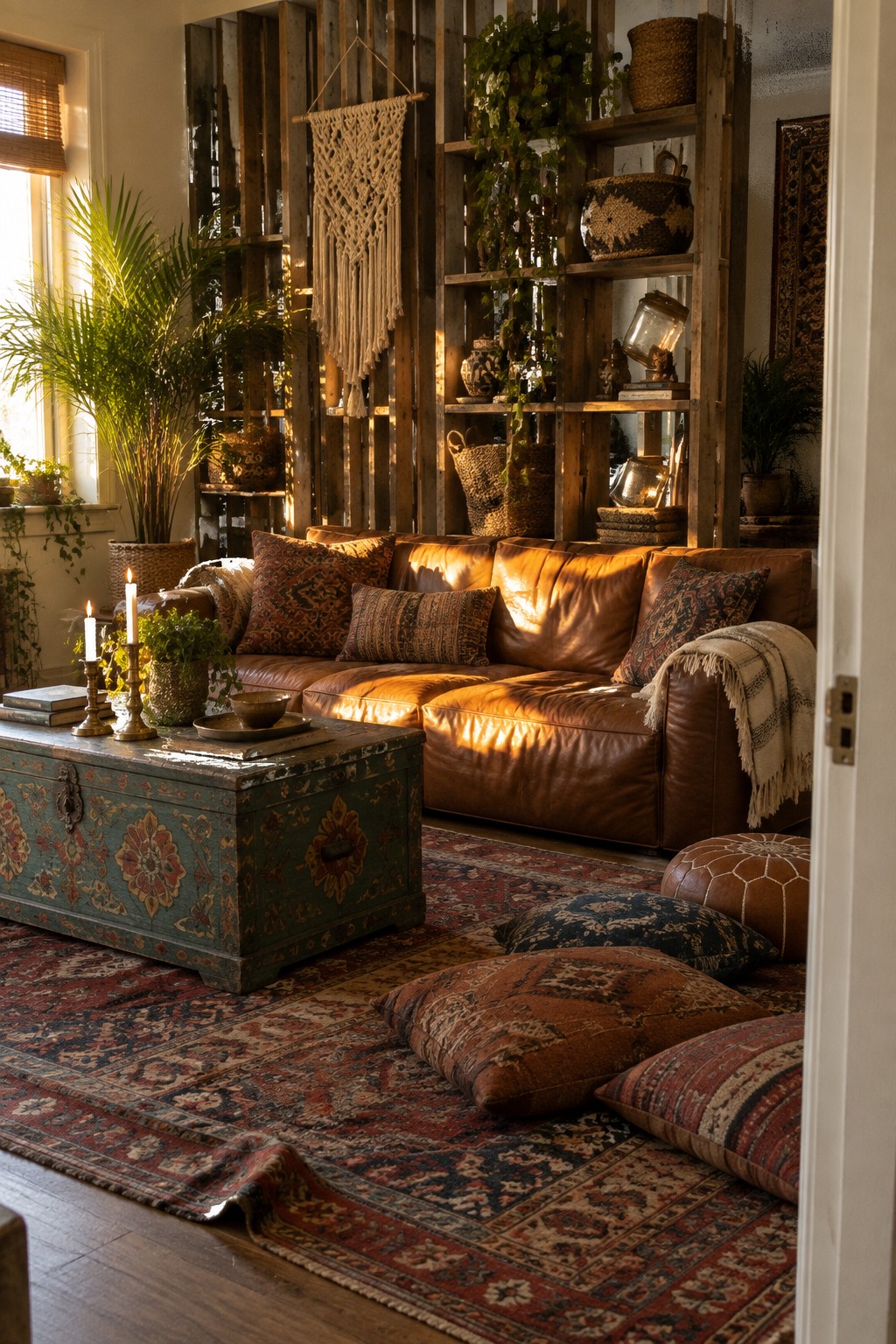 A living room with a brown leather sofa positioned in front of a tall wooden slatted structure that has open shelves holding plants, baskets, and books, with layered rugs on the floor.