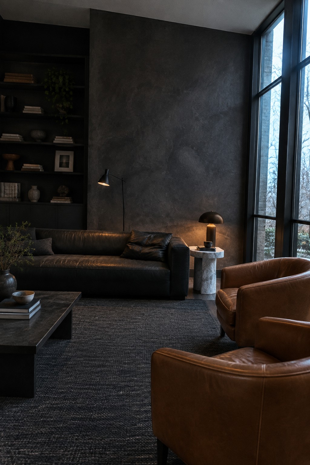 A living room featuring a large dark textured plaster wall, black leather sofa, brown leather armchairs, built-in bookshelves, and a marble side table.
