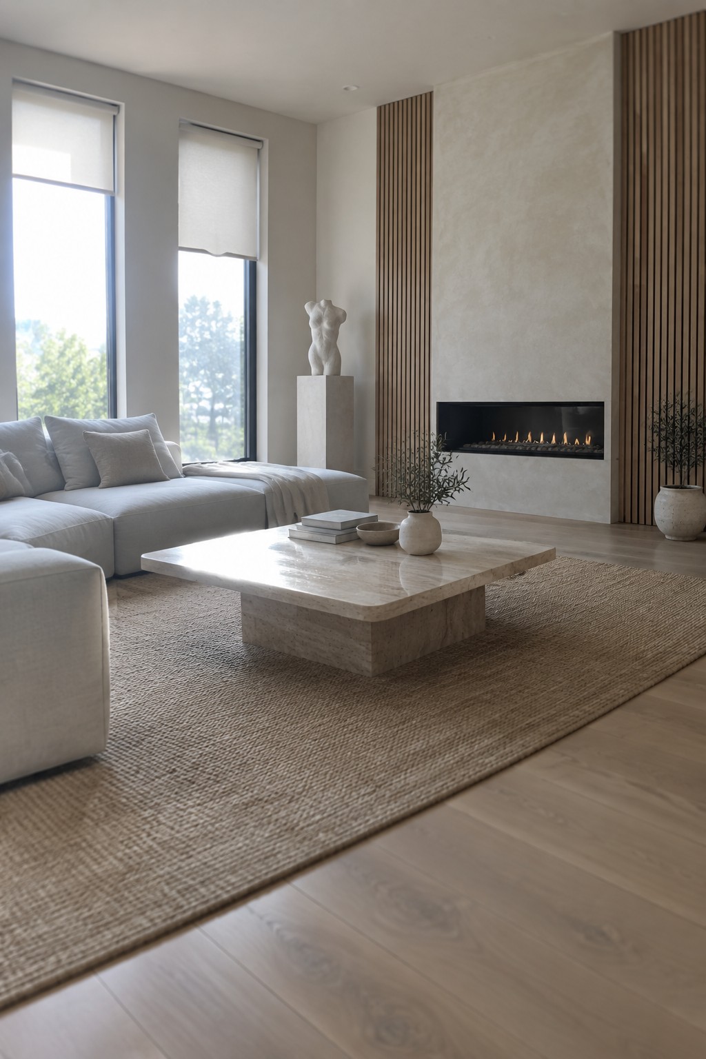 Minimalist living room with light sofa, marble coffee table, fireplace, and sculpture