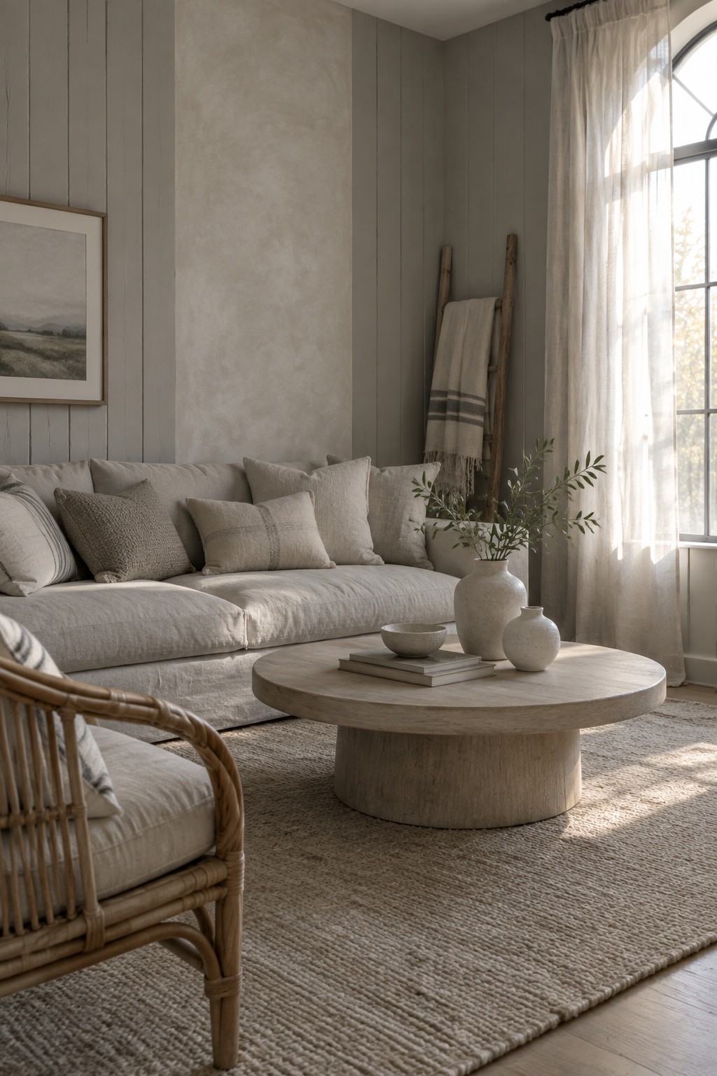 Neutral living room with beige linen sofa, round wooden coffee table, and woven rug