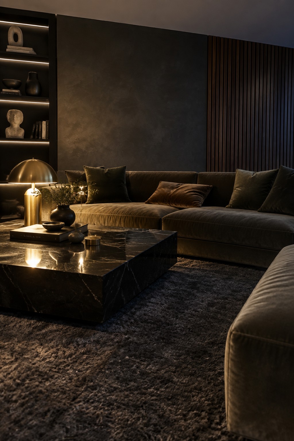 Moody dark living room with velvet sectional sofa, marble coffee table, and shelves