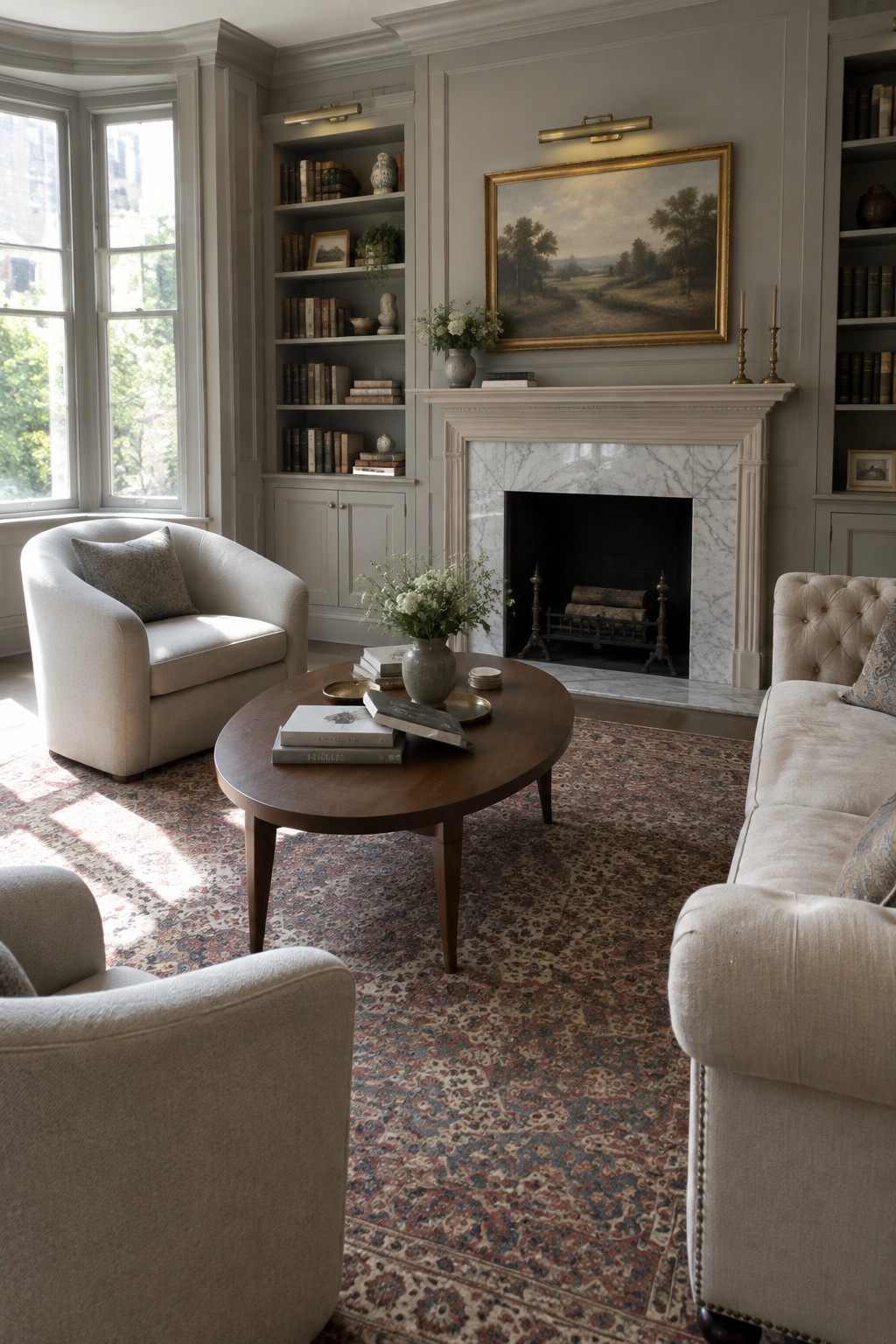 A living room with gray painted wall paneling, a marble fireplace surround, built-in bookshelves, upholstered seating, a round wooden coffee table, and a large patterned rug.