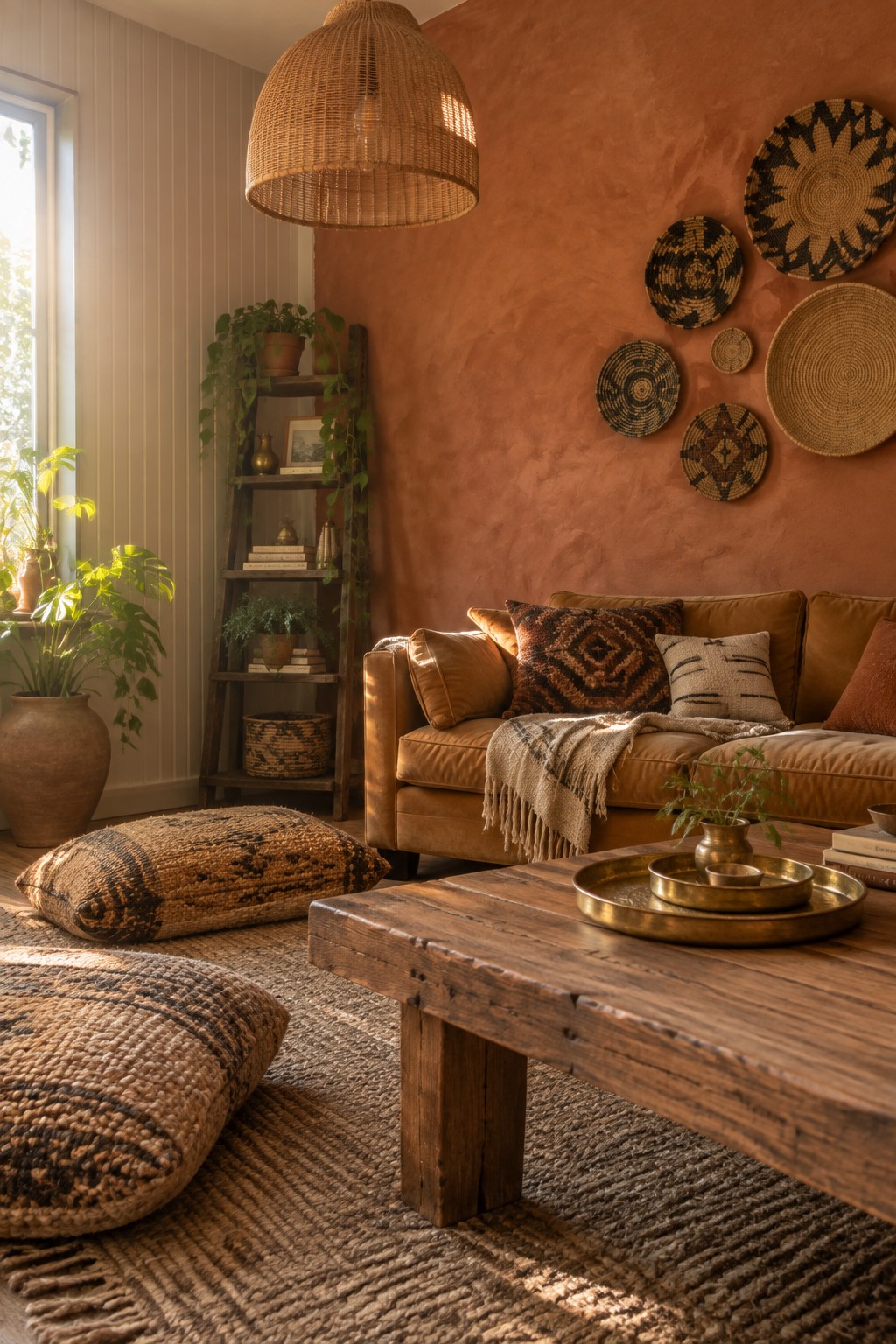 A living room with a terracotta plaster wall, brown leather sofa, wooden coffee table, woven baskets on the wall, and houseplants.