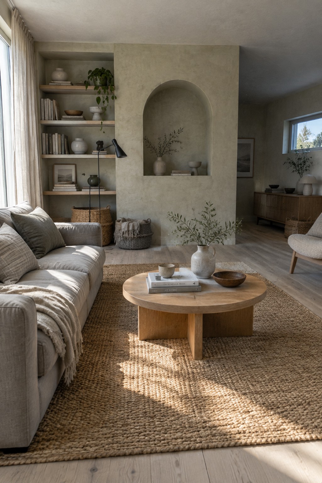 A living room with textured plaster walls, an arched niche holding a vase with branches, built-in shelves, a round wood coffee table on a woven rug, and a light gray sofa.