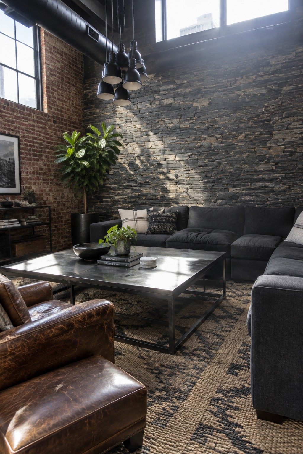 A living room with a dark stacked stone accent wall behind a gray sectional sofa and metal coffee table.