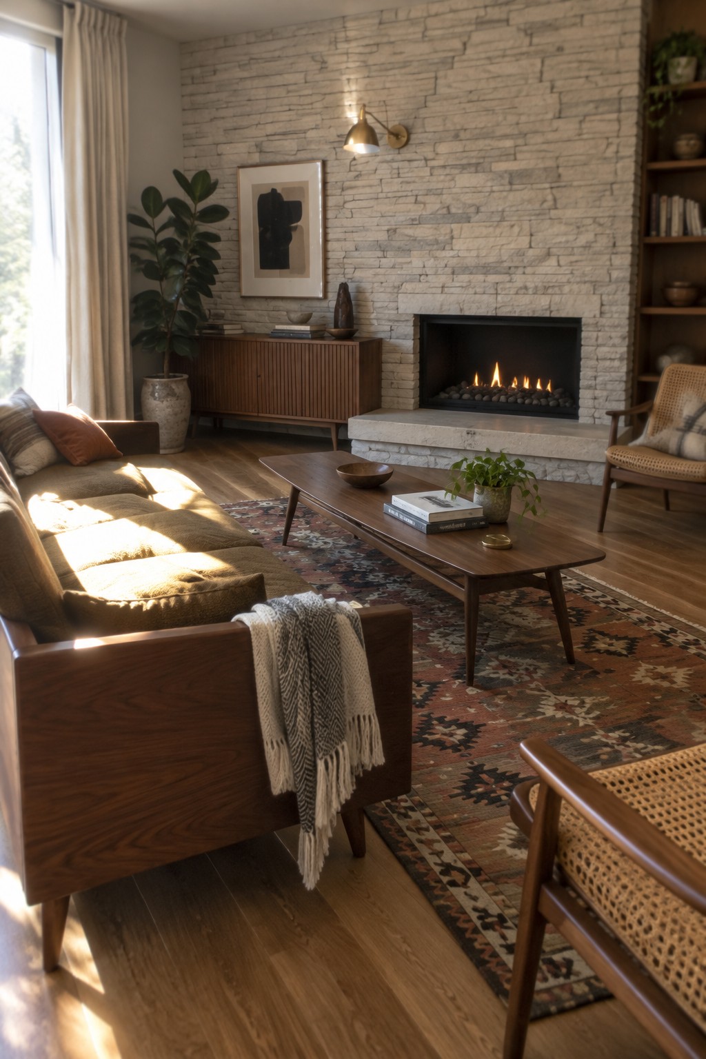 A living room with a textured stone fireplace wall, wooden sofa, coffee table on a patterned rug, and plants near a window.