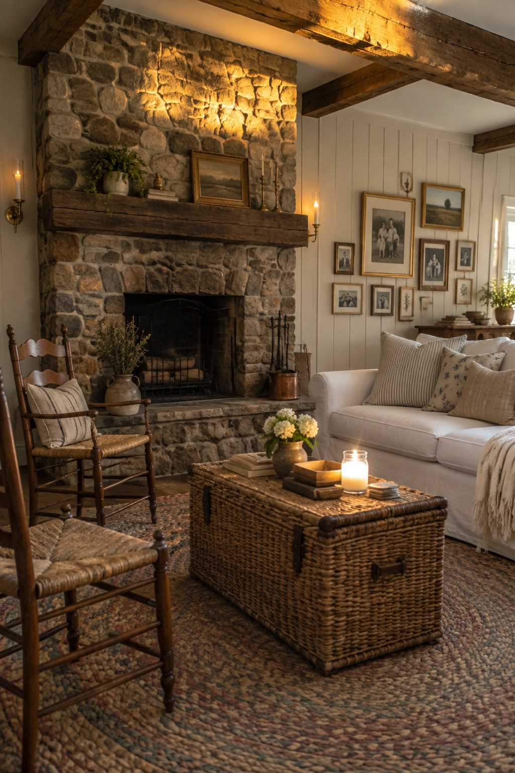 A living room with a large stone fireplace, wooden mantel, white sofa, wooden chairs, woven trunk, and framed art on white vertical paneling.