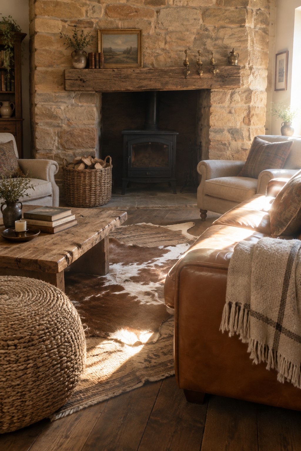 A living room with a large stone fireplace wall, wooden mantel, black wood stove, leather sofa, wooden coffee table, and cowhide rug on dark wood flooring.