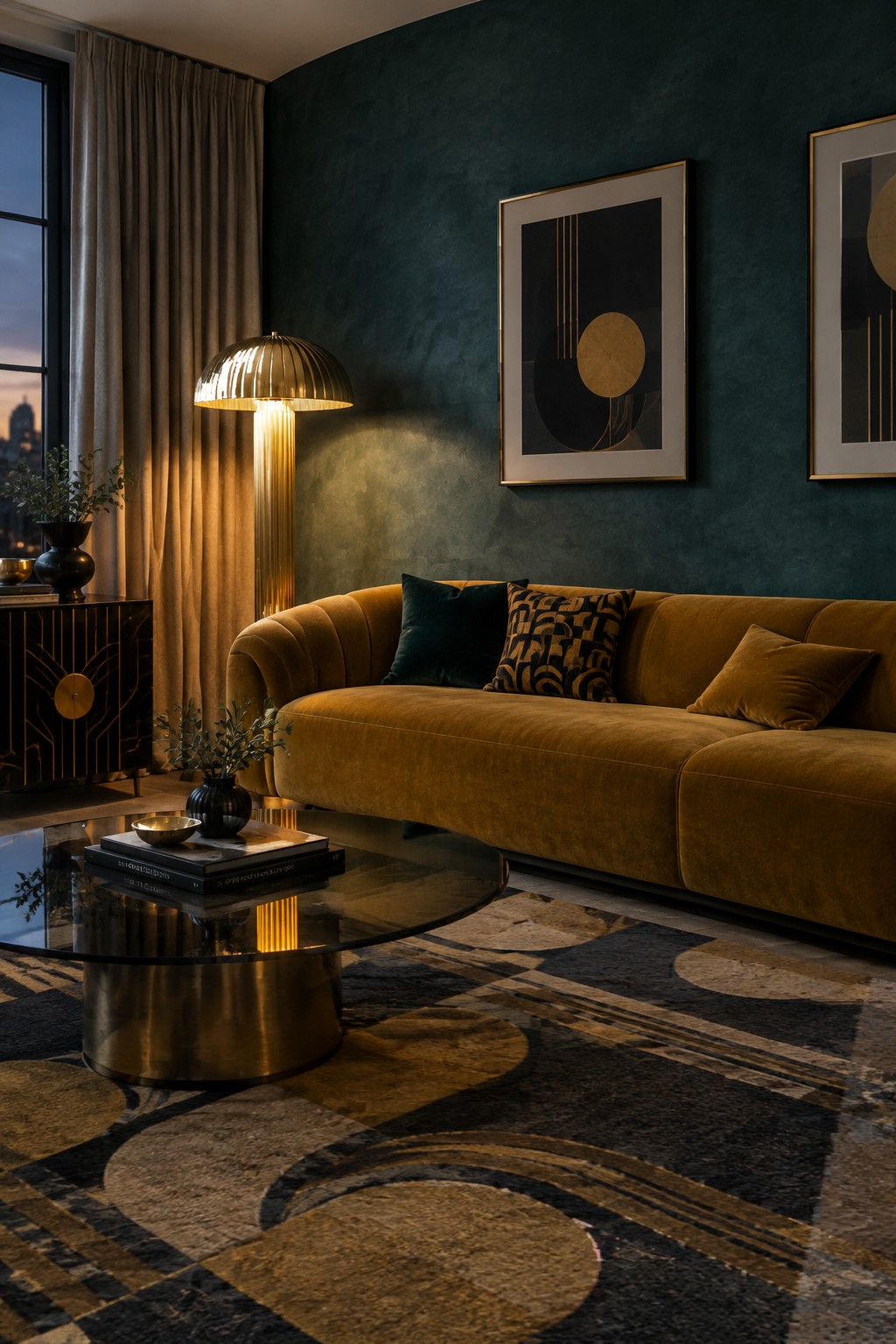 Elegant living room with mustard velvet sofa, glass table, and teal accent wall.